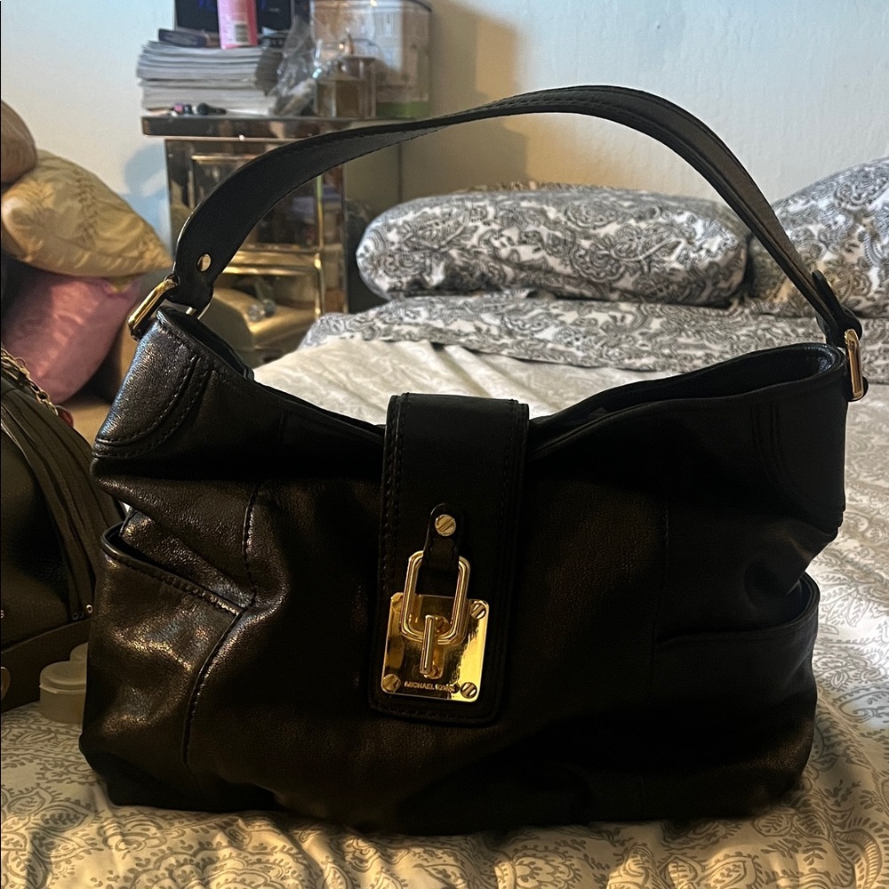 Michael Kors Black Leather Shoulder Bag with Gold Accents
